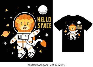 Cute lion astronaut space illustration with tshirt design premium vector the Concept of Isolated Technology. Flat Cartoon Style Suitable for Landing Web Pages,T shirt, Flyers, Stickers