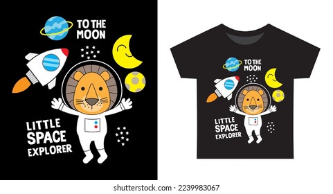 Cute lion astronout with space objects illustration for kids t shirt design