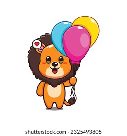 cute lion with balloon cartoon vector illustration.
