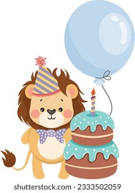 Cute lion with balloon and happy birthday cake
