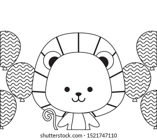 cute lion with balloons helium vector illustration design