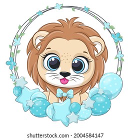 Cute lion with balloons and a wreath. Vector illustration of a cartoon.