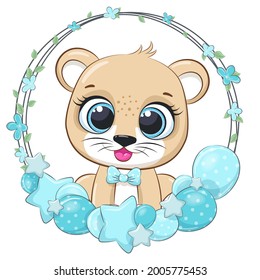 Cute lion with balloons and a wreath. Vector illustration of a cartoon.