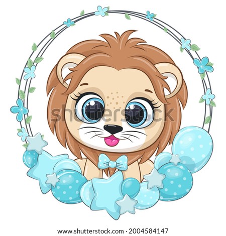 Cute lion with balloons and a wreath. Vector illustration of a cartoon.