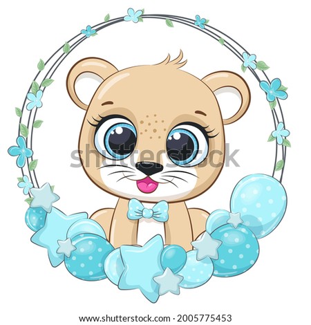Cute lion with balloons and a wreath. Vector illustration of a cartoon.