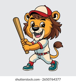 Cute Lion baseball player smiling confidently while holding a bat in cartoon illustration