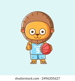 Cute lion basketball player play basket kawaii chibi character mascot illustration outline style design set