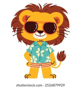 Cute lion in a beach suit and sunglasses. Flat vector illustration in children's style on a summer theme