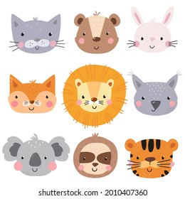 Cute lion, bear, cat, rabbit, sloth, tiger, koala, fox, bunny. Hand drawn vector illustration for posters, cards, t-shirts. Printable templates