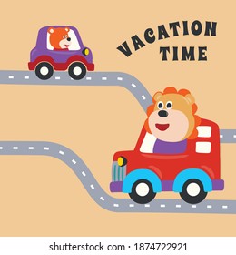 Cute lion and bear on transport, transportation vehicle drivers character. Creative vector childish background for fabric, textile, nursery wallpaper, poster, card, brochure. and other decoration.