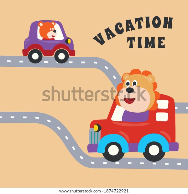 Cute lion and bear on transport,\
transportation vehicle drivers character. Creative vector childish\
background for fabric, textile, nursery wallpaper, poster, card,\
brochure. and other\
decoration.