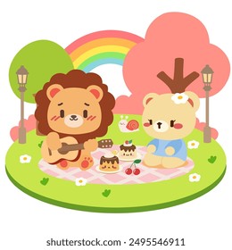 Cute Lion and Bear Picnic with Rainbow. Adorable Animal Friends in a Park. Kawaii Picnic Scene with Lion and Bear.