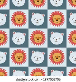 Cute lion and bear seamless pattern. Animal cartoon background. Kids fabric pattern, textile, texture background, wallpaper, wrappjng paper, backdrop.