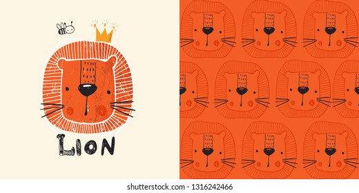 Cute lion with bee . hand drawn color character. with seamless pattern.Can be used for t-shirt print, kids wear fashion design, baby shower invitation card. - Vector