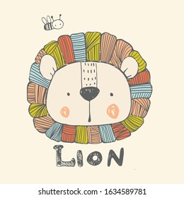 Cute lion with bee. Hand drawn vector illustration.