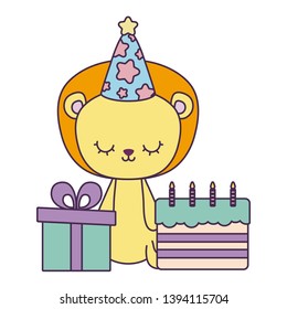 cute lion with  birthday cake and gift box