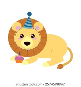 cute lion with birthday hat isolated