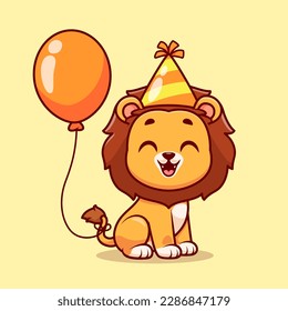 Cute Lion Birthday Party With Balloon Cartoon Vector Icon Illustration. Animal Holiday Icon Concept Isolated Premium Vector. Flat Cartoon Style