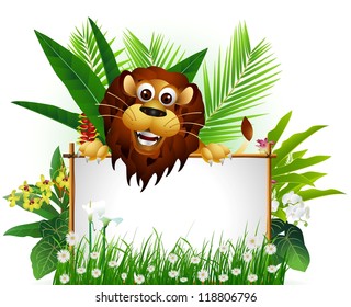 cute lion with blank sign and tropical forest background