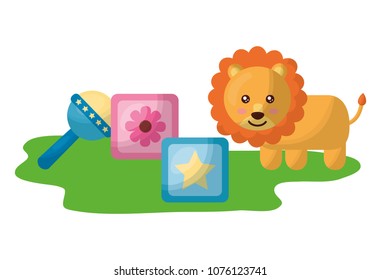 cute lion with blocks and bell character