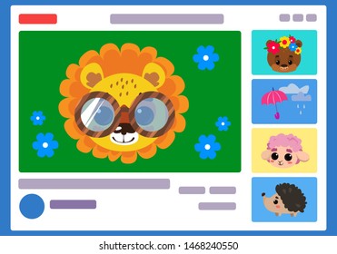 Cute lion blogger on his channel collects subscribers and likes. Children's Internet. Social network. Vector illustration in cartoon style.