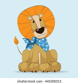 Cute lion in a blue polka-dot scarf. Vector illustration. For children. Ideal for printing on clothing and surfaces.