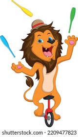 cute lion bowling pin juggling and riding one wheel bicycle