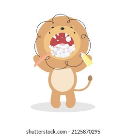 Cute Lion brushing his teeth. Dental concept for children dentistry. Vector illustration in cartoon style. For kids stuff, card, posters, banners, children books and print for clothes, t shirts.