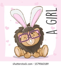 Cute lion with bunny hat vector cartoon illustration for kids. Little lion wearing eyeglasses. Cute lion with white bunny hat, and eyeglasses