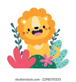 Cute lion in bushes. Adorable African baby animal on nature cartoon vector illustration