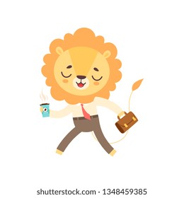 Cute Lion Businessman Walking with Cup of Coffee and Briefcase, Funny African Animal Cartoon Character Vector Illustration