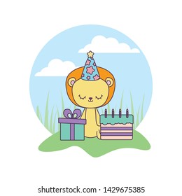 cute lion with cake of birthday and gift box in landscape
