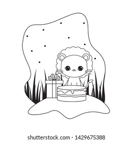 cute lion with cake of birthday and gift box