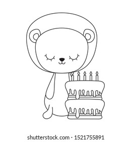 cute lion with cake of birthday vector illustration design
