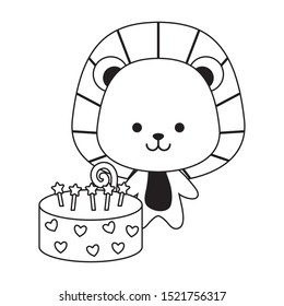 cute lion with cake of birthday vector illustration design