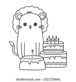 cute lion with cakes of birthday vector illustration design