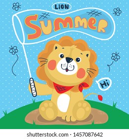 Cute lion cartoon catching butterflies with net sitting on field on blue background illustration vector.