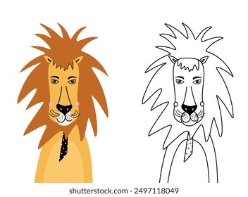 Cute lion cartoon character coloring page for children. Funny animal colored and colorless vector illustrations isolated on transparent background. Outline kid doodles, anti stress. 