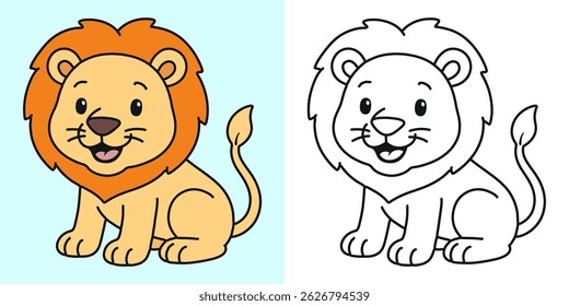 Cute lion cartoon character coloring page vector illustration