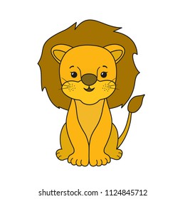 Cute lion cartoon character, funny tropical animal outline colorful doodle. Friendly smile. Vector kawaii illustration isolated on white background, for kids app, game, book, clothing print, card.