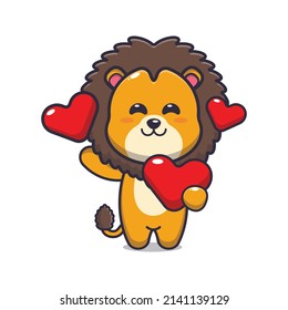 cute lion cartoon character holding love heart in valentines day