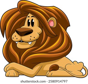 Cute Lion Cartoon Character With Majestic Mane Lying Down. Vector Hand Drawn Illustration Isolated On Transparent Background