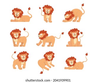 Cute lion cartoon character vector illustrations set. Collection of drawings of animal king, wild feline with orange mane and tail for children isolated on white background. Nature, wildlife concept