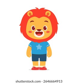 Cute Lion Cartoon Character Wearing Blue Shirt and Dark Blue Shorts Smiling and Standing Straight