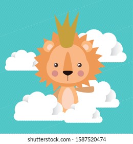 Cute lion cartoon and clouds design, Animal zoo life nature character childhood and adorable theme Vector illustration