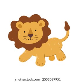 Cute Lion cartoon in crayon style editable Colorful vector hand drawn illustration. Children designs for cards, poster decorations, t-shirt prints, stickers, icons and others
