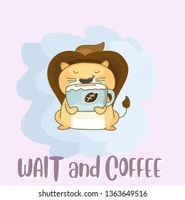cute lion cartoon drinking coffee
