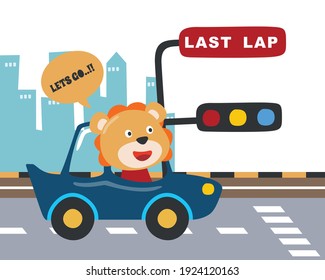 Cute lion cartoon driving a vintage race car. Vector childish background for fabric textile, nursery wallpaper, card, poster and other decoration. Vector illustration.