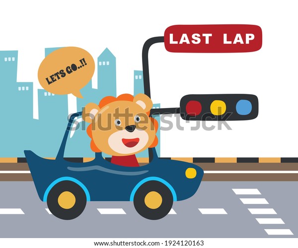 Cute lion cartoon\
driving a vintage race car. Vector childish background for fabric\
textile, nursery wallpaper, card, poster and other decoration.\
Vector illustration.