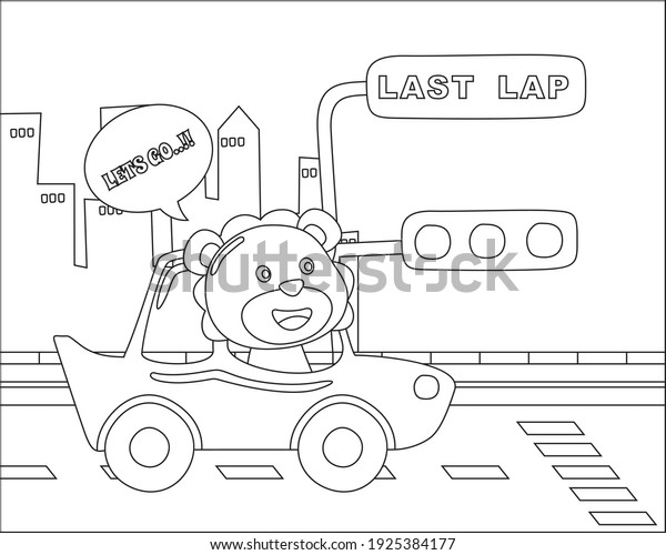 Cute lion cartoon driving a\
vintage race car. Cartoon isolated vector illustration, Creative\
vector Childish design for kids activity colouring book or\
page.